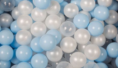 MeowBaby® zostava 100 plastových guličiek ?7cm biele, babyblue, transparentne 