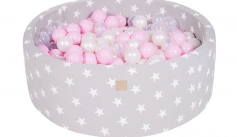MeowBaby® Suchý bazén 90x30cm s 200 loptičkami, svetlošed. hviezdy: pastelovo ružové, biele, transparentne