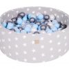 MeowBaby® Suchý bazén 90x30cm s 200 loptičkami, svetlošed. hviezdy: transparentne, strieborné, biele, baby blue