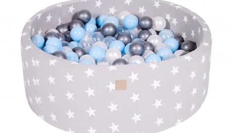 MeowBaby® Suchý bazén 90x30cm s 200 loptičkami, svetlošed. hviezdy: transparentne, strieborné, biele, baby blue