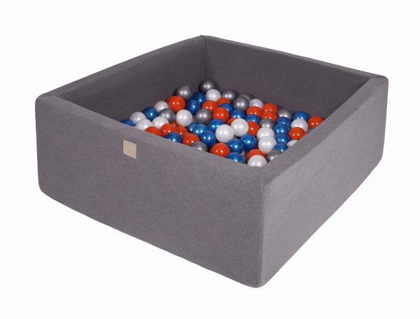 MeowBaby® Suchý bazén štvorcový Tmavo-sivý 90x90x40cm s 200 loptičkami (modré, biele, pomarańczowa, strieborné)
