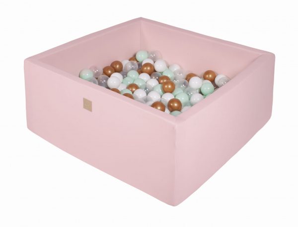 MeowBaby® Suchý bazén štvorcový pastelovo ružové 90x90x40cm s 200 loptičkami (biele, zlaté, transparent, mätové)