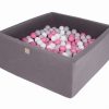 MeowBaby® Suchý bazén štvorcový Tmavo-sivý 90x90x40cm s 200 loptičkami (šedé, biele, svetlo ružové)
