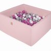 MeowBaby® Suchý bazén štvorcový pastelovo ružové 90x90x40cm s 200 loptičkami (šedé, biele, tmavo ružové)