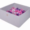 MeowBaby® Suchý bazén štvorcový 90x90x40cm s 200 loptičkami (tmavo ružové, fiolet,transparent, šedá)