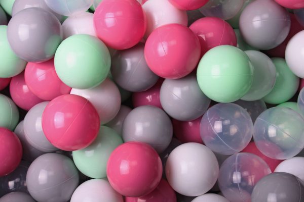 MeowBaby® Zostava 100 ks plastových loptičiek ?7cm mieta, šedá, svetlo ružové, transparent, biela