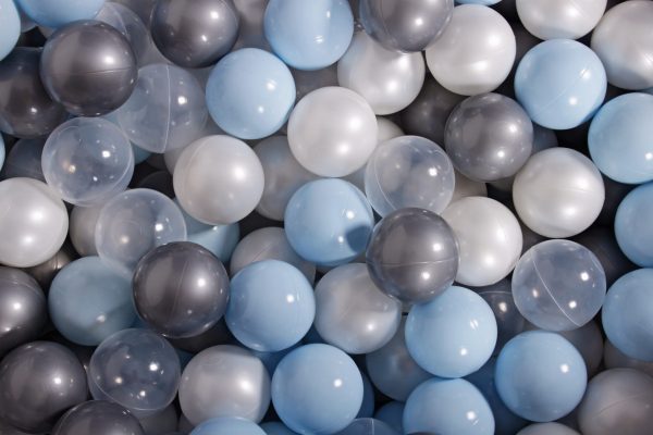 MeowBaby® zostava plastových guličiek 300ks ?7cm baby blue, biele, strieborné, transparentne