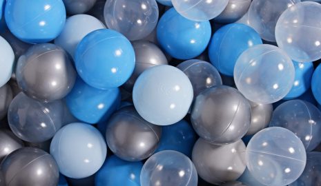 MeowBaby® zostava plastových guličiek 200ks ?7cm baby blue, bledomodré, strieborné, transparentne