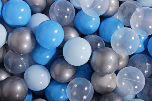 MeowBaby® zostava plastových guličiek 200ks ?7cm baby blue, bledomodré, strieborné, transparentne