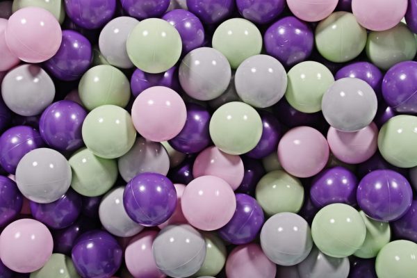 MeowBaby® zostava plastových guličiek 100ks ?7cm svetlozelené, fialové, šedé, pastelovo ružové