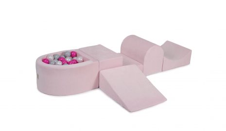 MeowBaby® PENOVÁ SADA NA HRU svetlotužový + komplet 100 loptičiek: biele, šedá, tmavo ružové
