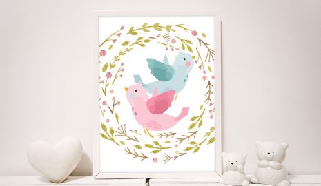 MeowBaby® Plagát do detskej izby - Ružové vtáky
